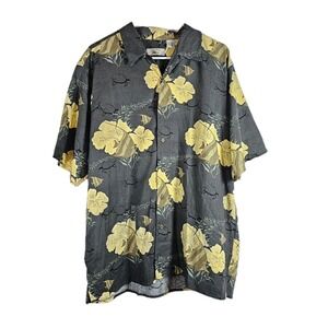 VTG Foliage Mens Linen Blend Shirt Sz Large Hawaiian Button-Up Short Sleeve Gray